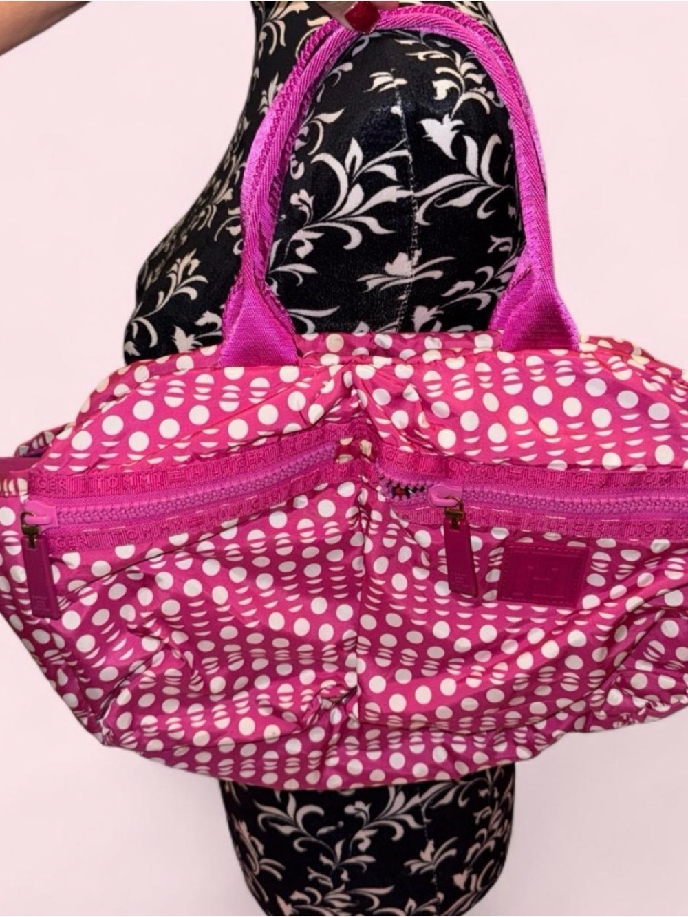 Tommy Hilfiger Pink and White Polka Dot Nylon Tote